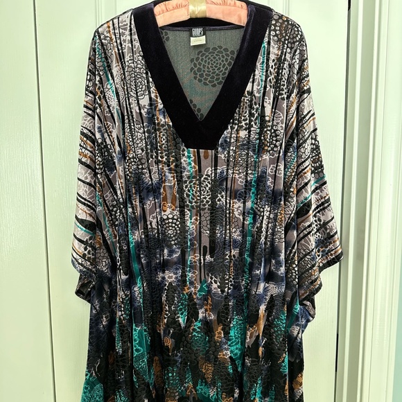 Gump’s San Francisco Jewel Toned Soft Velvet Chrysanthemum Caftan V-Neck Tunic L - Picture 8 of 16